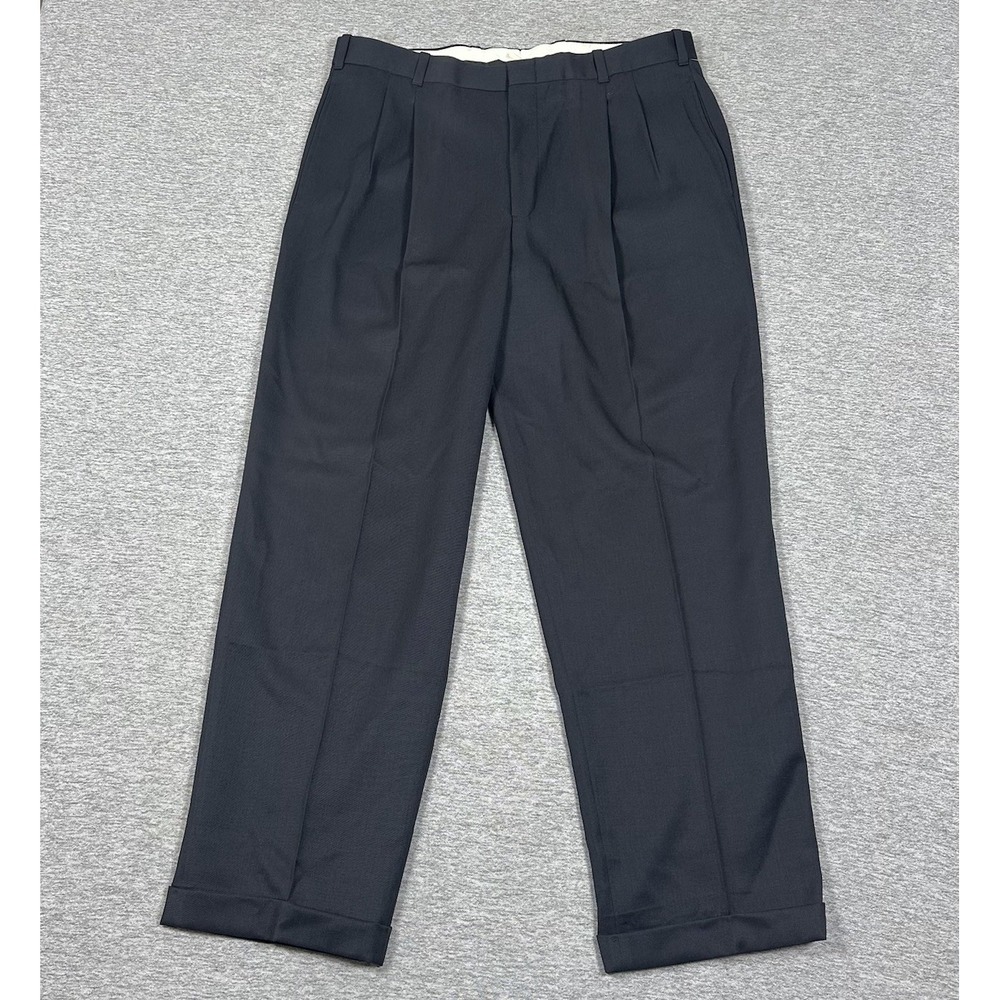 L.L. Bean Dress Pants Mens 37x32 Dark Navy Wool Cuffed Pleated City Canada Made